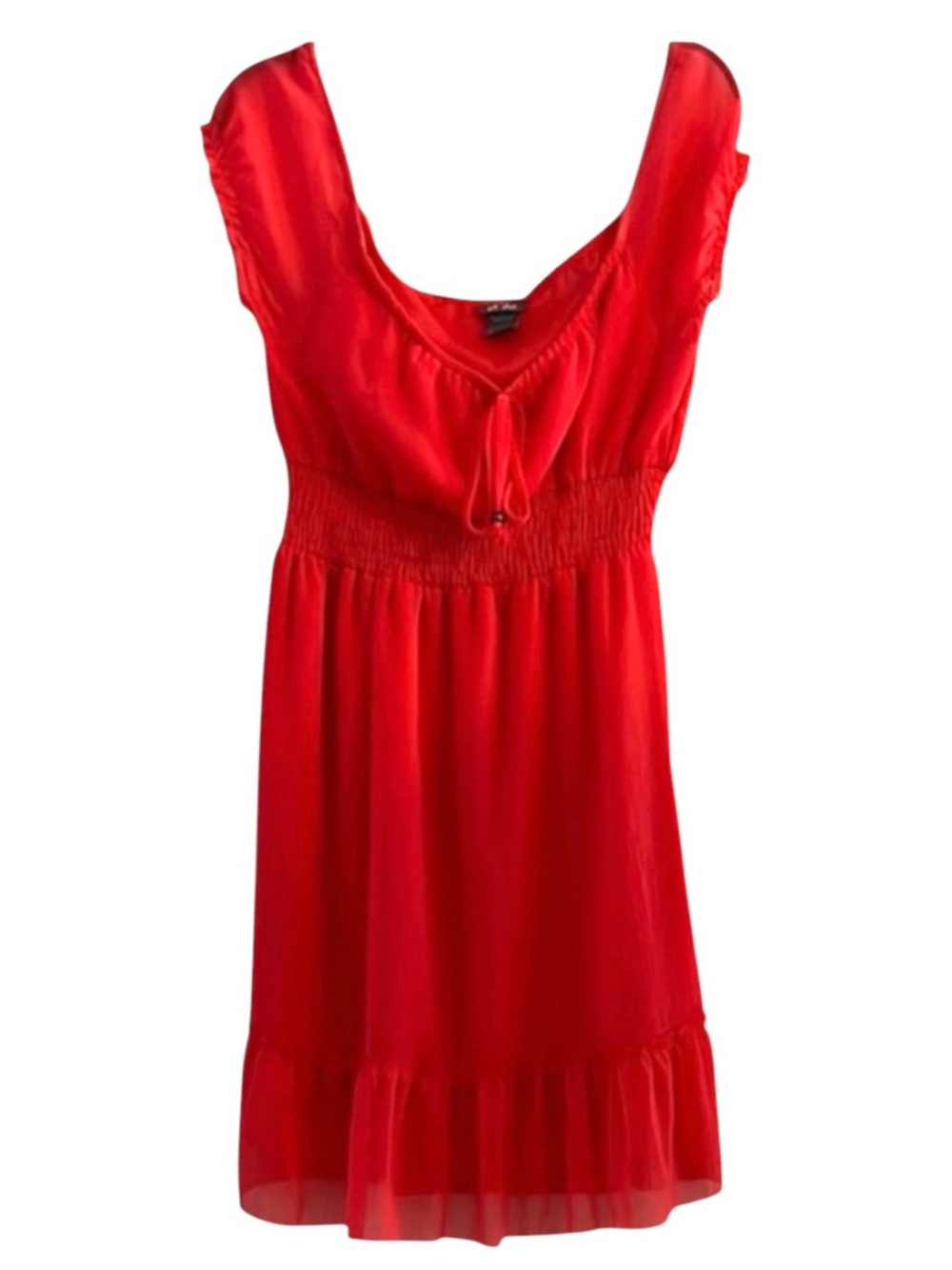 Dots Orange Red Tie Front Smocked Ruffle Y2K Boho Mini Dress Size M